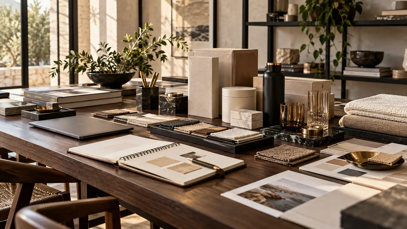 Refined sourcing atelier with packaging, textiles, material samples, glassware and planning tools arranged for an integrated program
