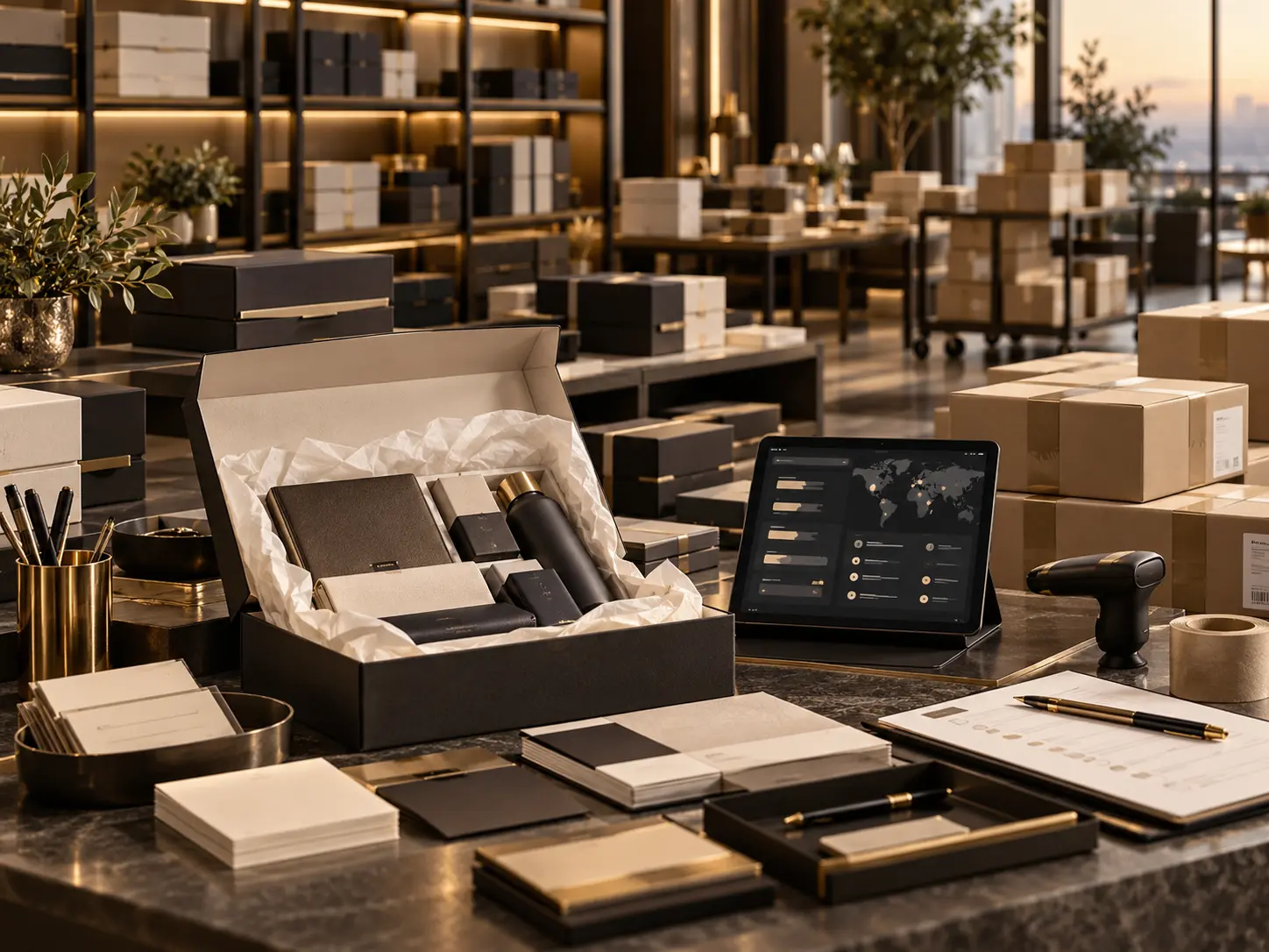 Refined program-management scene with coordinated kits, inventory tools and prepared outbound packages