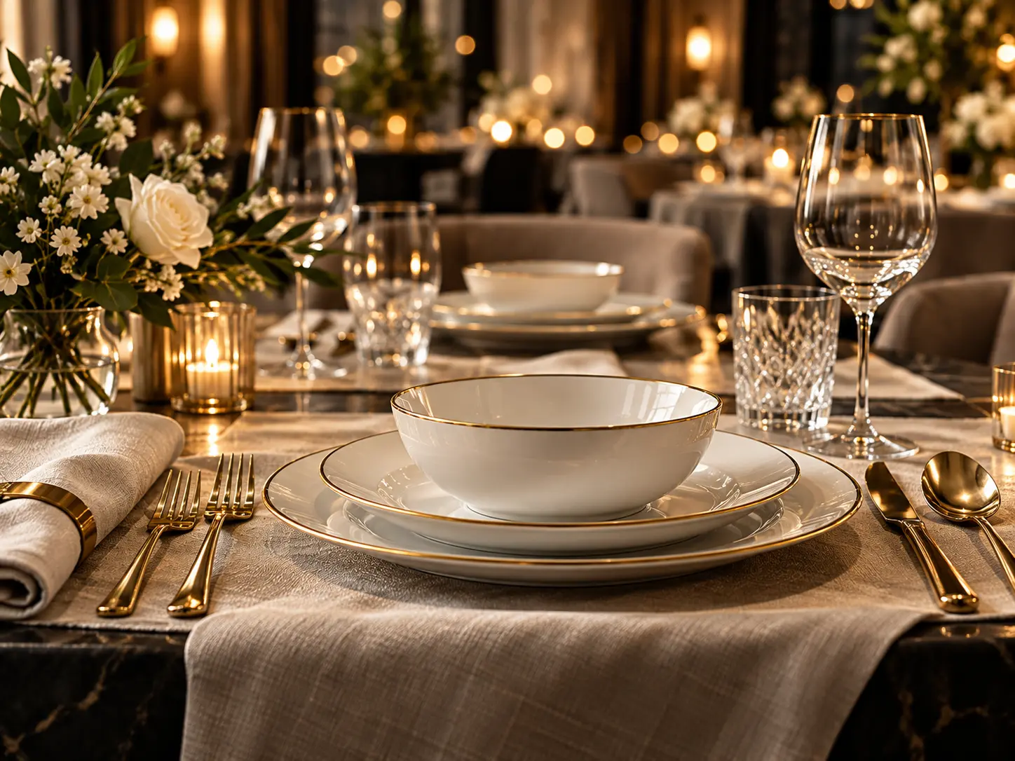 Chinaware Sets collection styled in CIVSourcing’s black, ivory, champagne and gold showroom palette
