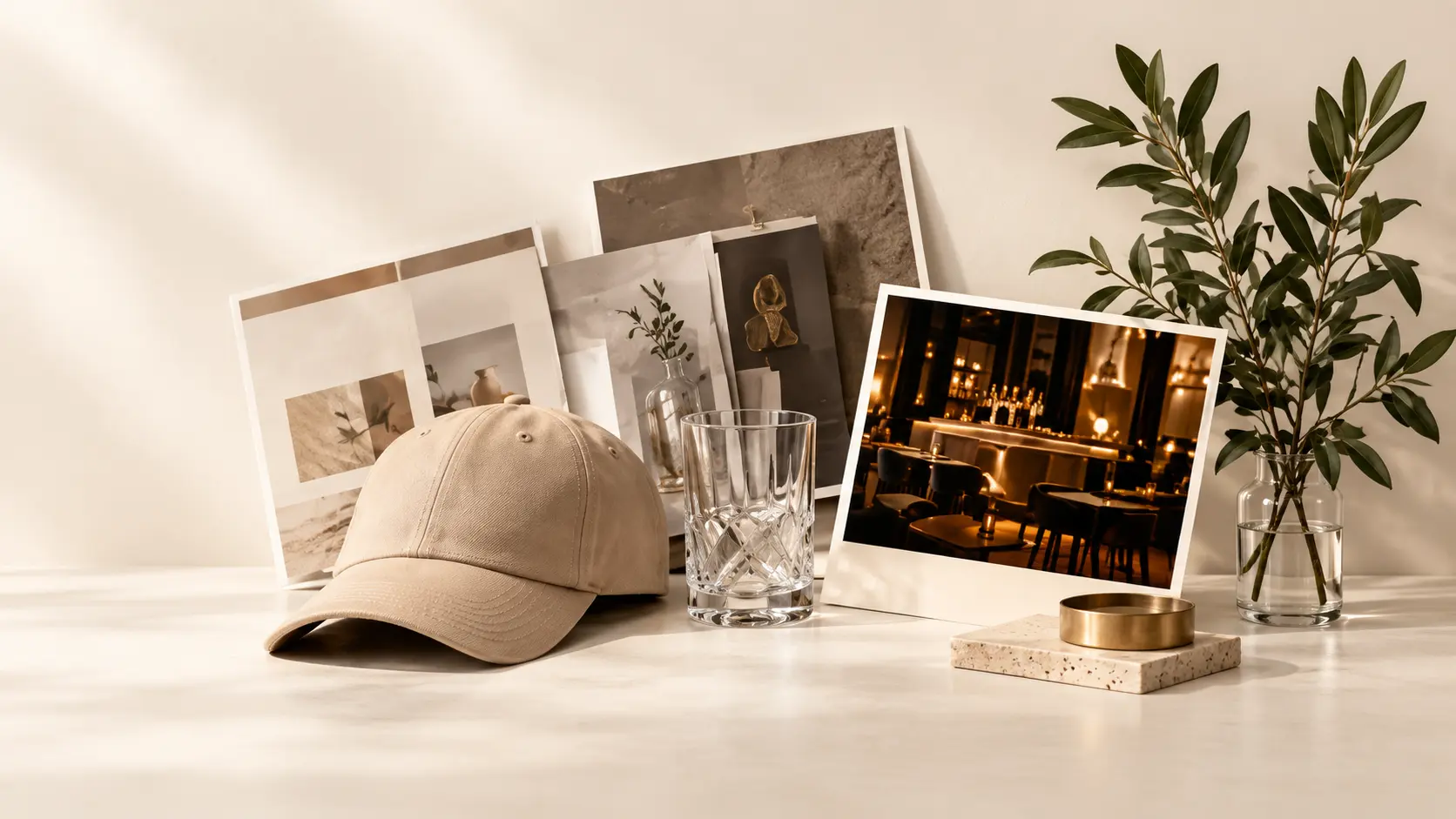 Curated merchandise, glassware and hospitality references arranged for a coordinated sourcing conversation