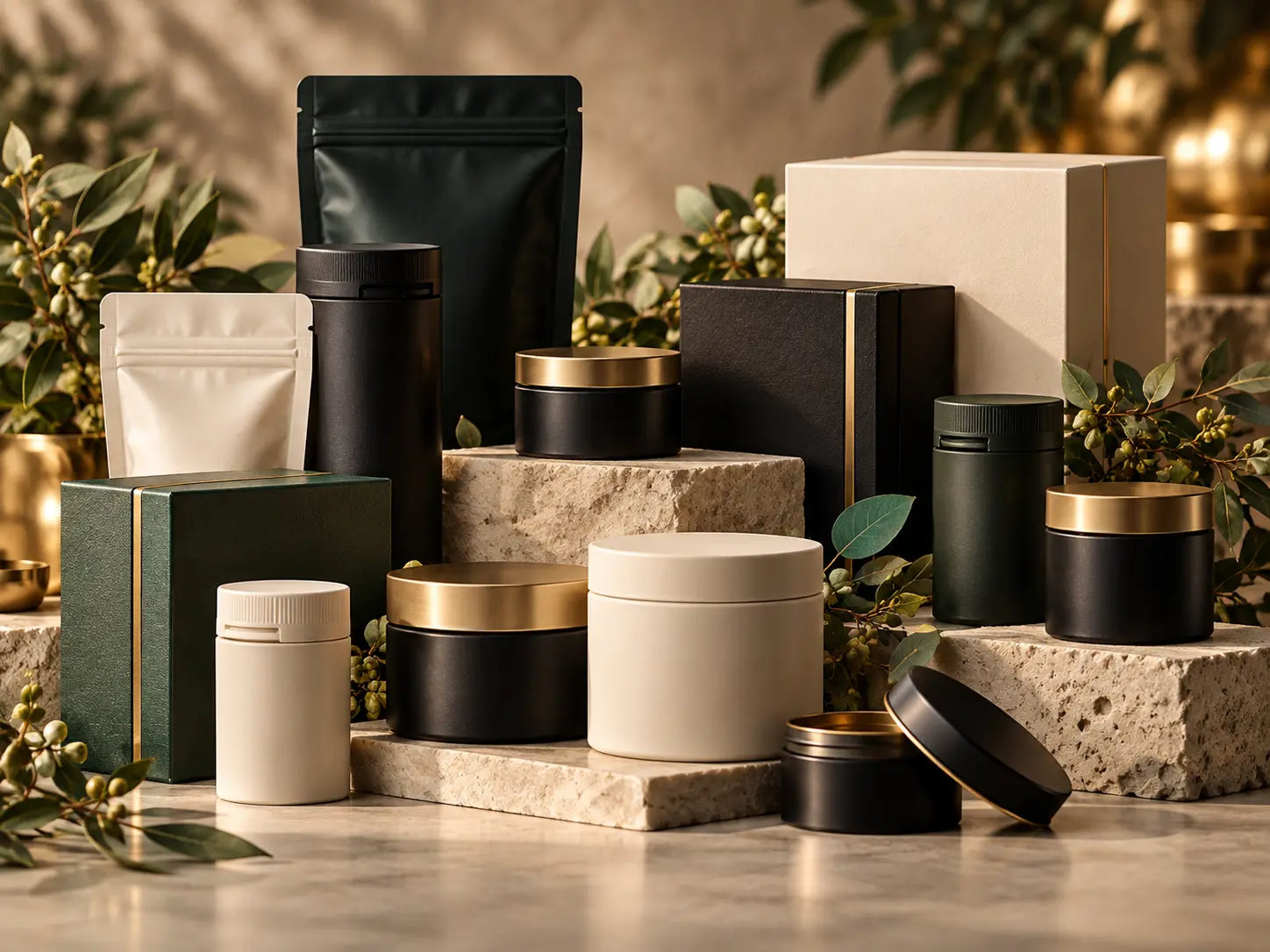 Dispensary Packaging & Accessories collection styled in CIVSourcing’s black, ivory, champagne and gold showroom palette
