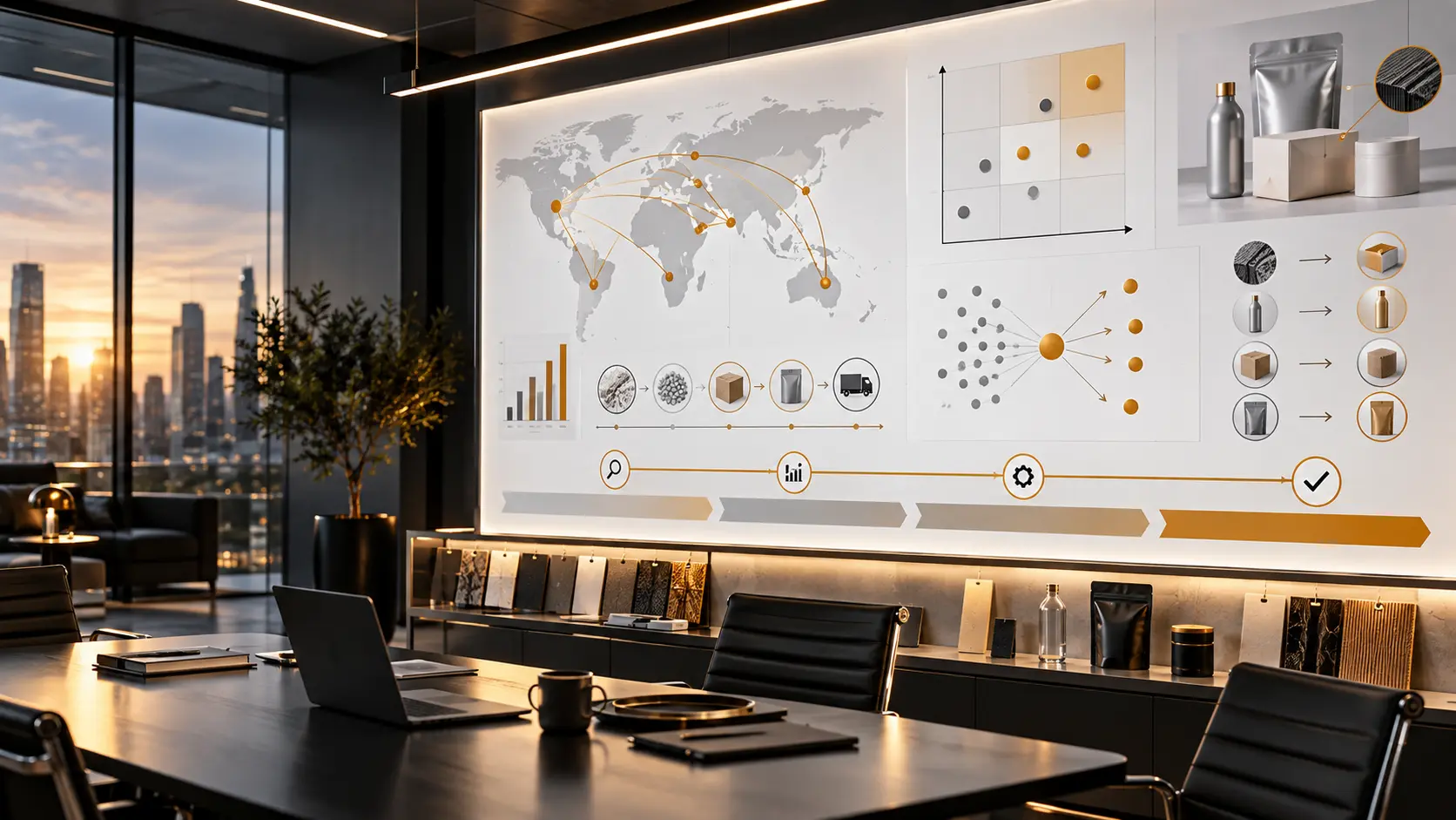 Executive sourcing strategy room displaying supplier analysis, material options and an implementation roadmap