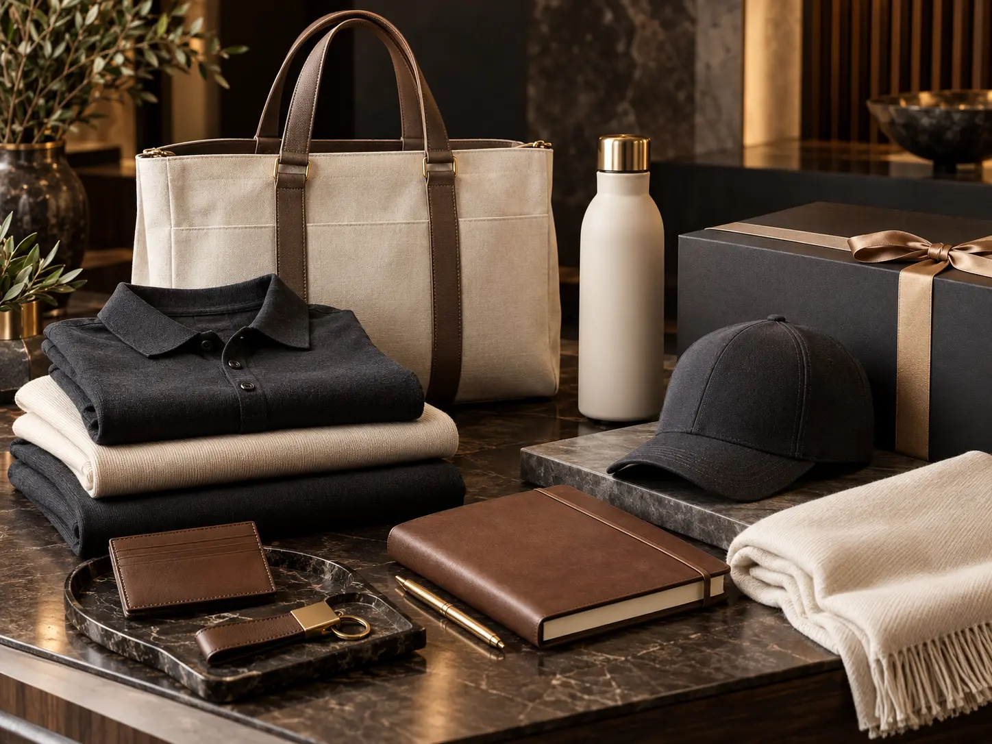 Coordinated premium apparel, tote, drinkware, cap, notebook and executive gift collection