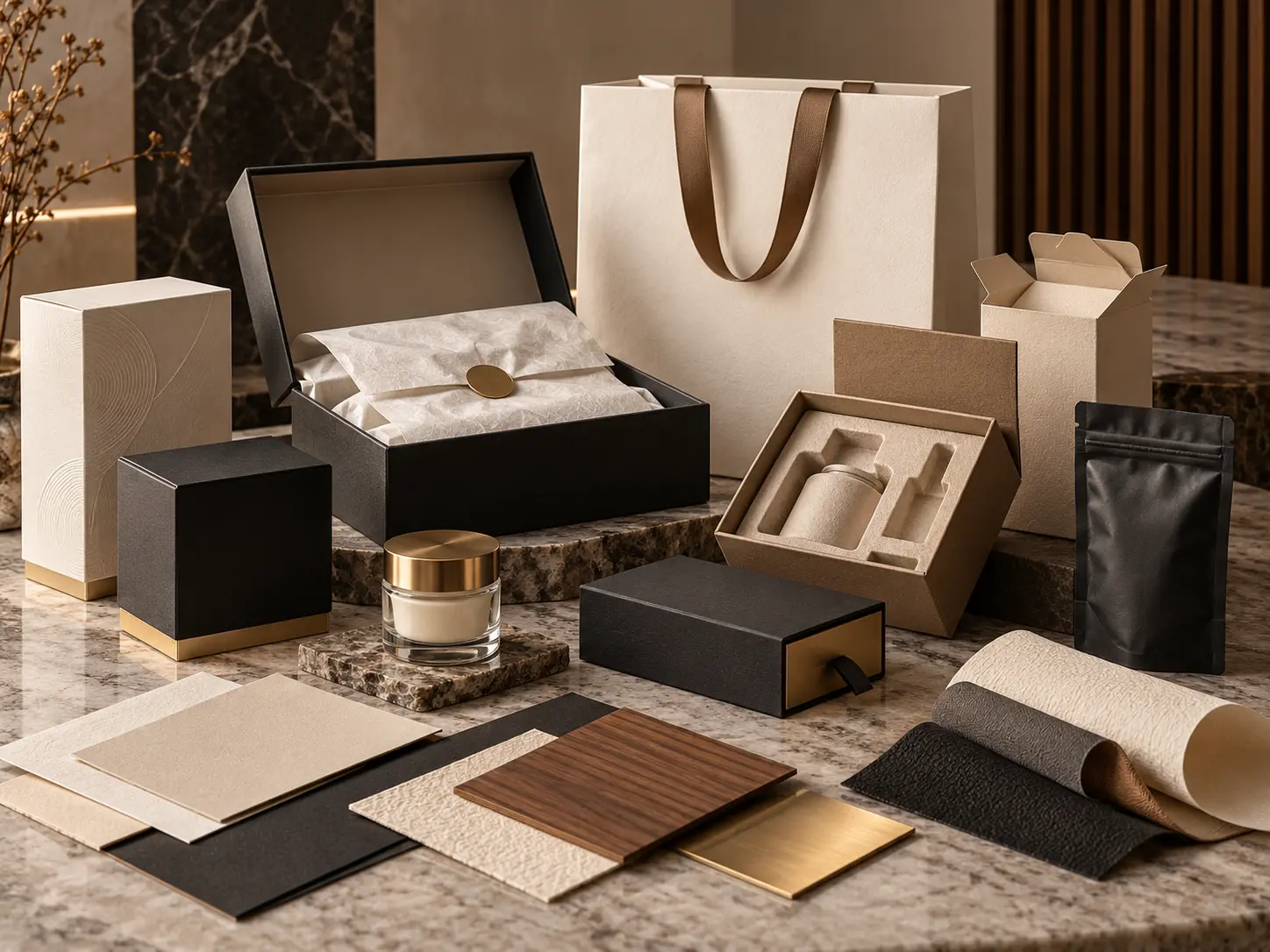 Luxury packaging prototypes with rigid boxes, cartons, molded inserts, pouches and material samples