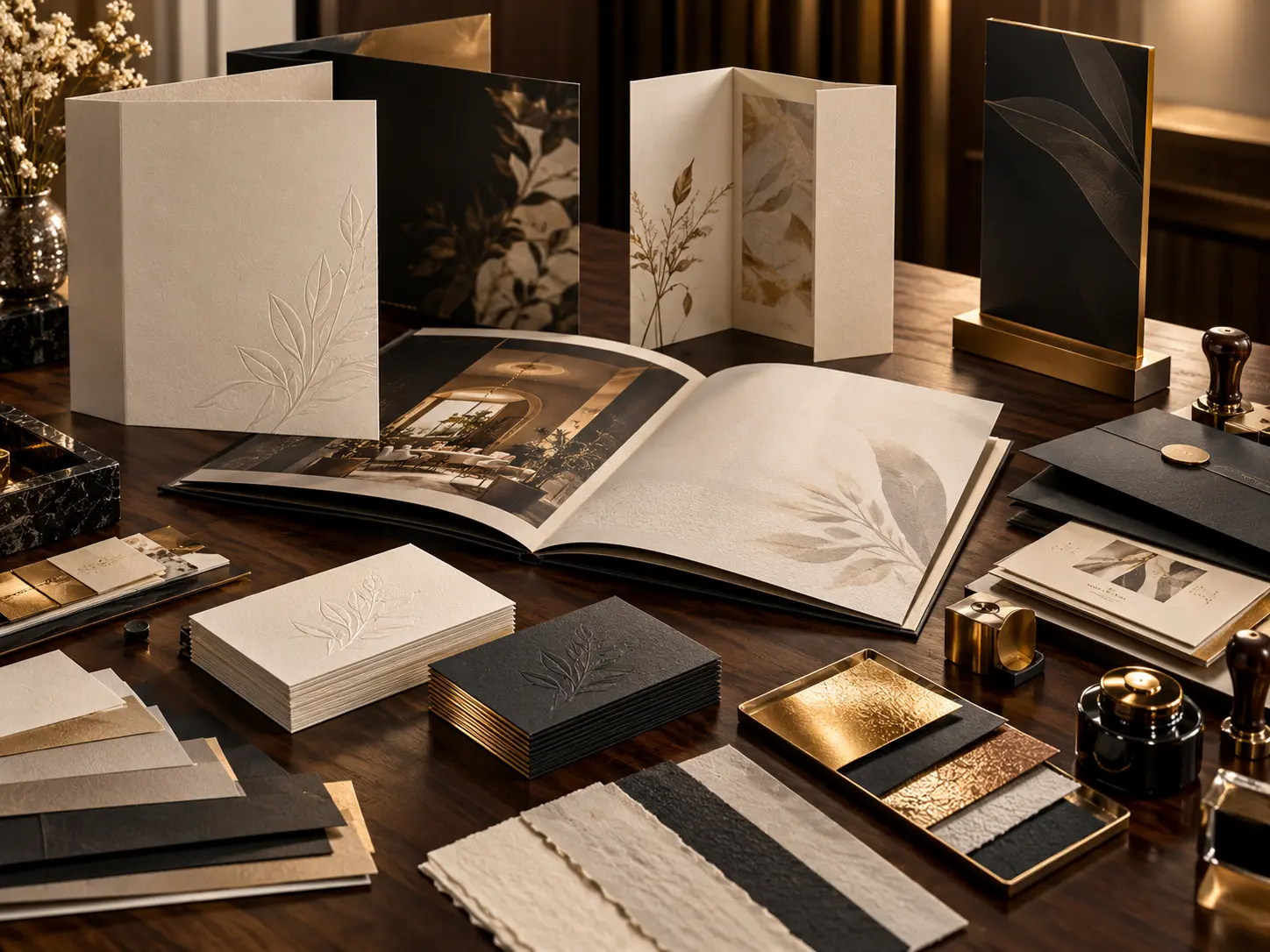 Premium print collection featuring embossed paper, metallic foil, bound collateral and finishing samples