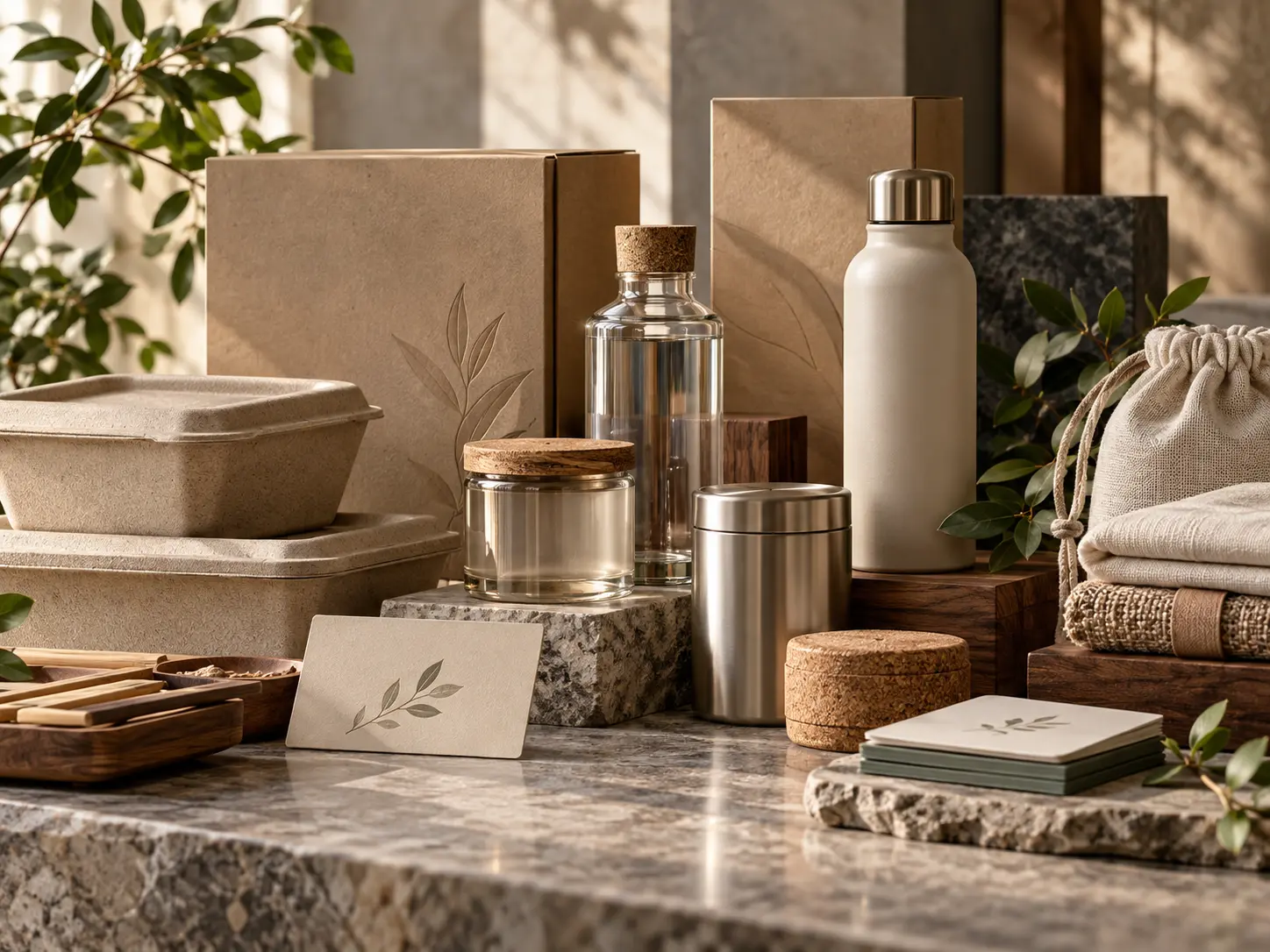 Modern sustainable-material collection with molded fiber, recycled paper, cork, textiles, glass and metal
